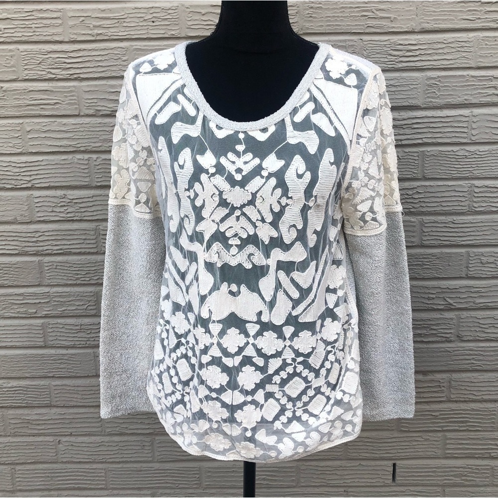 Dulcie Cream & Gray Semi Sheer Lace Cutout & Gray Cotton Blend Jersey Size S